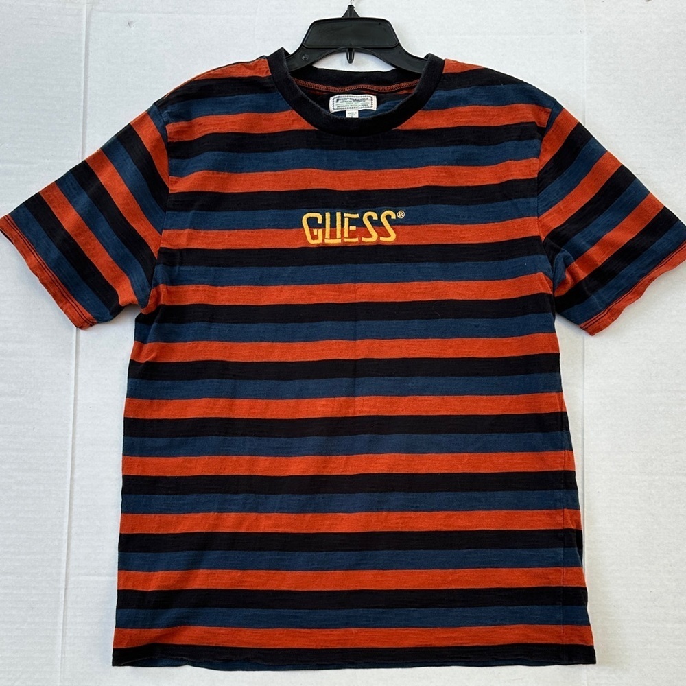 Guess Bold Striped Tee in Orange and Navy SZ M - Picture 1 of 4